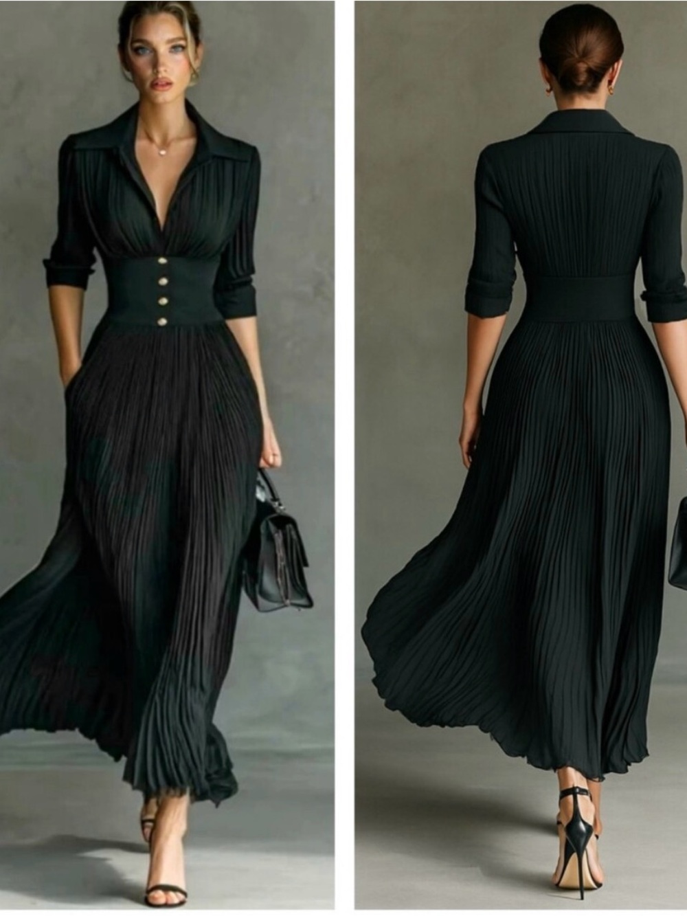 Elegant Black Pleated Maxi Dress with Buttoned Waist Sz S